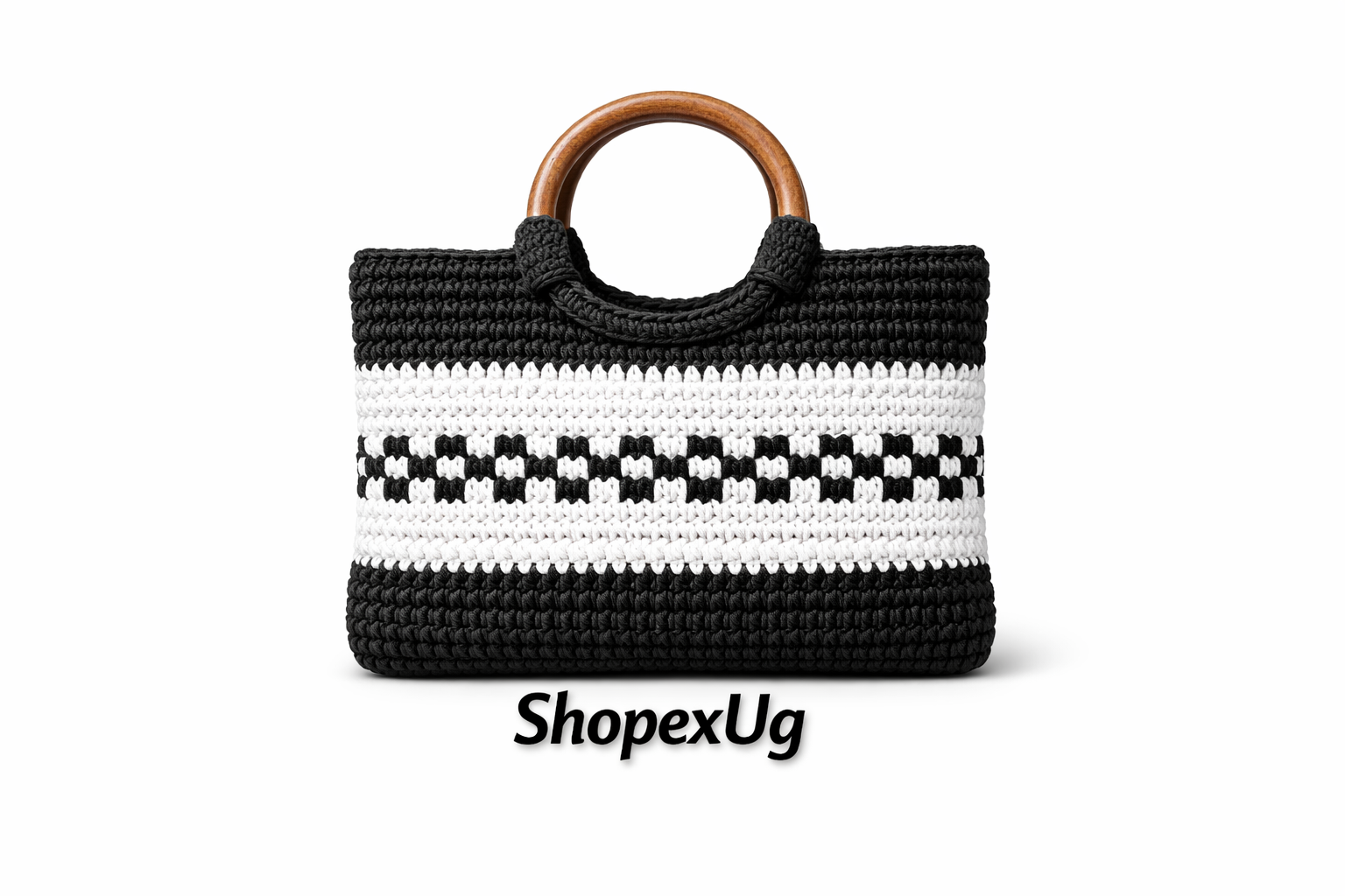 B&W CROCHET HANDBAG WITH WOODEN HANDLES