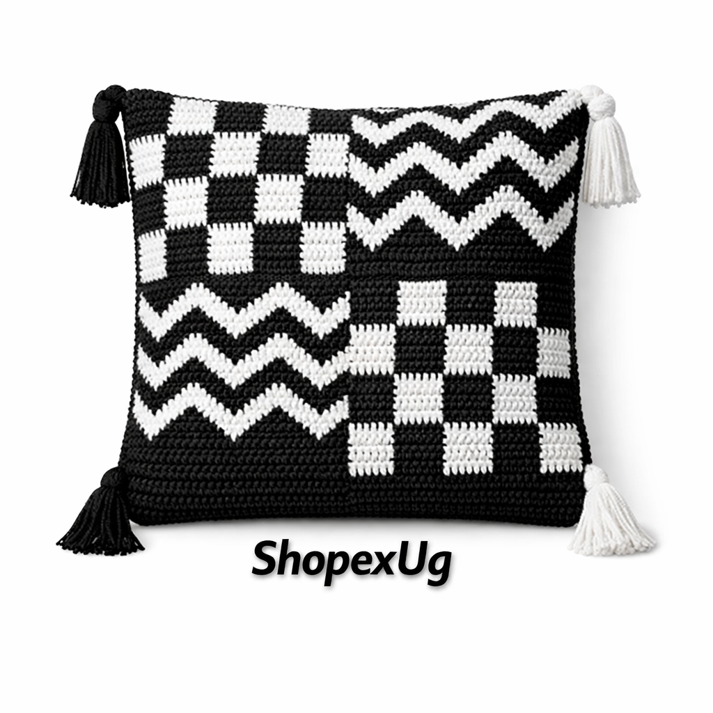 B&W CROCHET CUSHION WITH TASSELS